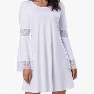 Kate Kasin Women Round Neck Long Sleeve Swing Casual Dresses Cotton White